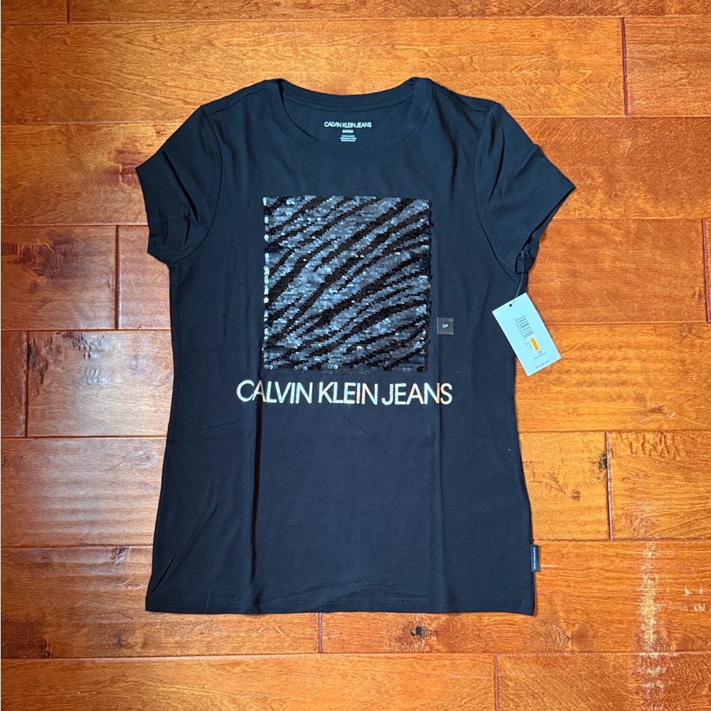 NWT Calvin Klein Black Tee Sequin - Picture 2 of 3